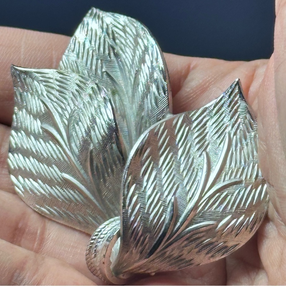 Corocraft Silver Leaf Brooch Textured 3D Vintage